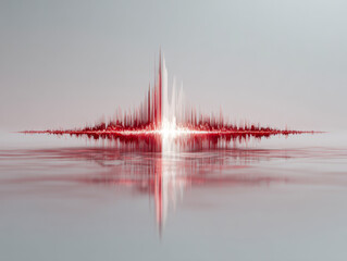 Abstract digital soundwave visualization in red and white tones mirrored on a reflective surface against a light gray background with dynamic vertical spikes and gradient