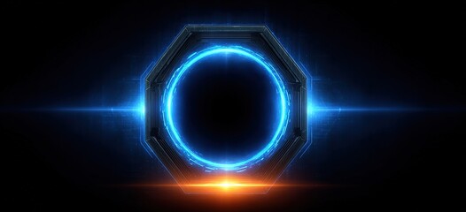 Blue halo with orange glow in hexagonal shape on black background, edge light effects and central circles creating spatial depth for gaming and tech themes