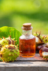 Horse chestnut extract in a bottle. selective focus.