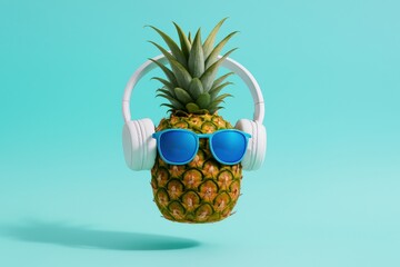 Vibrant pineapple floats coolly, wearing stylish blue sunglasses and white headphones, evoking a cheerful summer vacation feeling