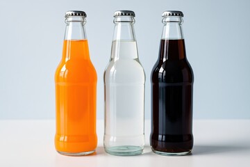Vibrant soda bottles offering refreshing drink choices, neatly composed with clear, orange, and dark cola liquids in a minimalist studio setting