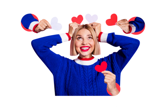 Composite photo collage of happy girl hold heart postcard valentine celebration holiday photo zone romance isolated on painted background