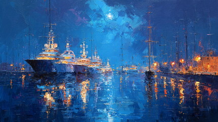 Ship with searchlight at night. The boat is at the pier. Moonlit night, dark water.Paintings