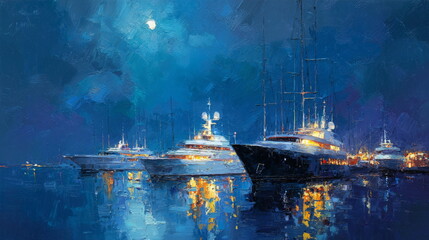 Ship with searchlight at night. The boat is at the pier. Moonlit night, dark water.Paintings