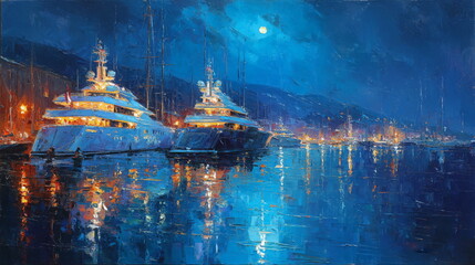 Ship with searchlight at night. The boat is at the pier. Moonlit night, dark water.Paintings