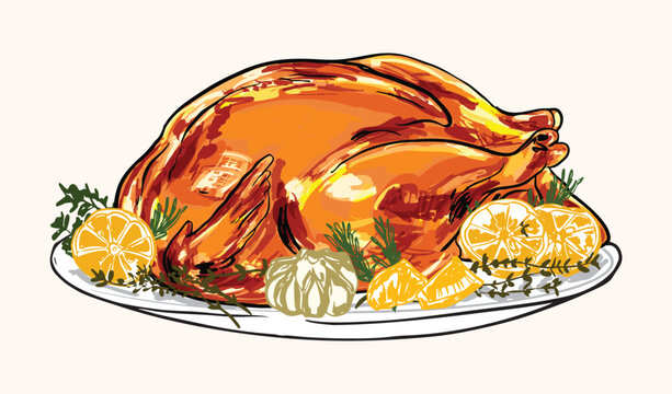 Thanksgiving Turkey with Lemons and Herbs Vintage Illustration