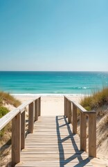 Obraz premium Wooden boardwalk with railings leads through sandy dunes to clear blue sea beach. Green shrubs, grass grow on hills. Calm turquoise water meets shore under bright sunny sky. Peaceful summer coastal