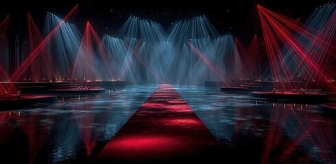 Red carpet stage with laser beams and LED strip illuminating water reflections, blue lights on black backdrop with flames creating luxurious mysterious ambiance