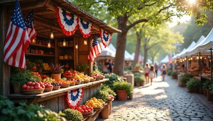 Vibrant summer street market stall overflows with fresh fruit, vegetables for sale. American flags, red white blue patriotic bunting decorate fair. People enjoy sunny community festival with local
