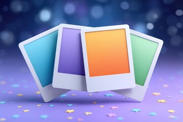 App icon with three pastel photo frames on a dark blue background with star shapes