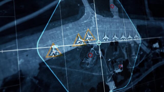 Military Air Combat Vehicle Target Location Radar Scan On A Futuristic Interface. Combat Aerial Drone Vehicle Base Location Track By Surveillance System. Modern Combat Plane Vehicle Runway Location.