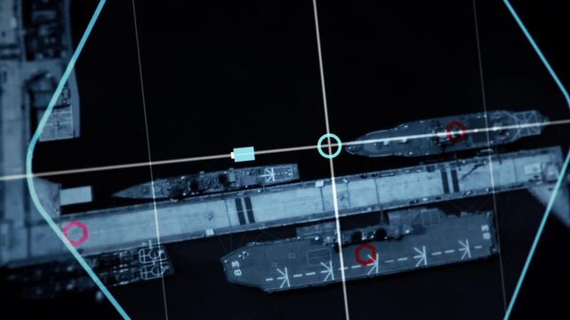 Military Operation Control Discovers Enemy Ships By High Tech Tracking Satellite. Military Operation Control Interface Tracking Aircraft Carrier Coordinates. Military Tracking Satellite Control System