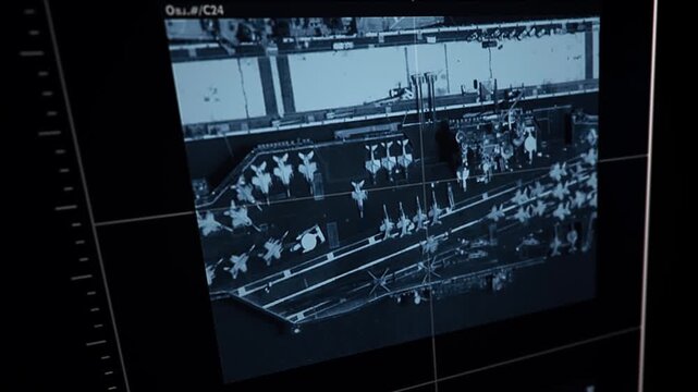 The Interface of Satellite Camera Aircraft Carrier Plane Appears on computer Screen. Animation. Advanced surveillance spy system. Location tracking system. Modern spy Technology. Hud elements