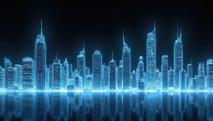 Fototapeta premium Blue glowing cityscape wireframe with reflections. Futuristic urban skyline digital architecture structure. Smart city concept with tall buildings and bright lights.