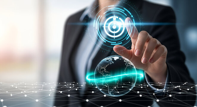 Businesswoman touching futuristic globe and target interface - Powered by Adobe