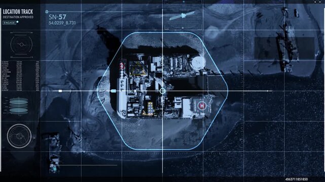 Satellite Camera Scanning the Global Map. Surveillance Oil Field. Modern Spy Technology. Computer User Interface. Intelligence secret system. Desert Global scan. Object Found. Military base.
