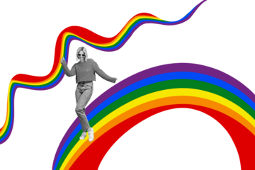Composite photo collage of happy blonde girl dance lgbt rainbow stripes parade lesbian propaganda symbol isolated on painted background
