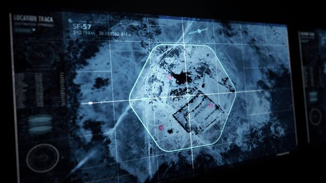 Military Base Scan By High Tech Analysis Computer Program. Military Computer Scan Software Interface. Military Desert Location Target Track Via High Tech Spy Computer Program Scan. Army Technology
