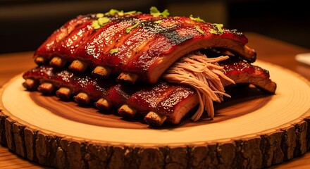 Delicious barbecue ribs on a wooden platter, glazed with a sweet and smoky sauce, garnished with fresh herbs, and served on a rustic table