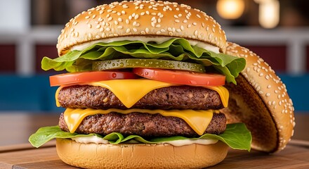 A double cheeseburger with two beef patties, cheese, lettuce, tomato, pickle, and sesame seed bun, served on a wooden board