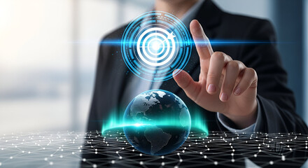 Businessman touching globe with digital target interface