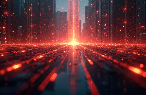 Digital abstract cityscape with vibrant red lights. Glowing lines create futuristic network in metropolis. Tech concept with data streams. Dark urban design of city buildings at night.