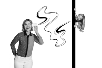 Creative collage picture young woman listen cup mug privacy confidentiality secret gossips rumors peek hide drawing background