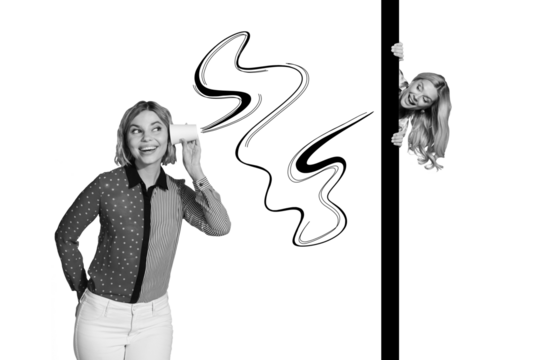 Creative collage picture young woman listen cup mug privacy confidentiality secret gossips rumors peek hide drawing background