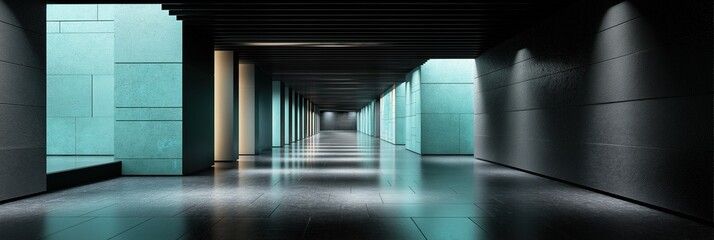 Isolated corridor in high-tech complex featuring indirect artificial light and architectural slits