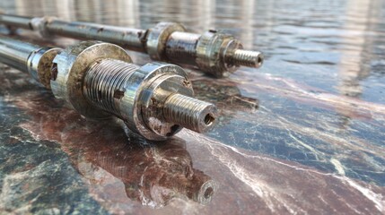 Detailed Close-Up of Rusty Metallic Machine Components on Reflective Surface, Showcasing Industrial Design and Texture with Depth of Field Elements