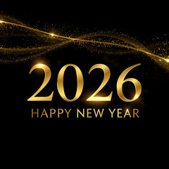 Elegant New Year 2026 design with a dark background featuring golden sparkling waves and glitter. The text 2026 Happy New Year is styled in a modern golden font with glowing particles,.