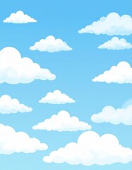 A bright blue sky filled with fluffy white clouds, creating a serene and cheerful atmosphere.