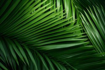 Vibrant green palm leaves overlap, forming a rich, tropical backdrop