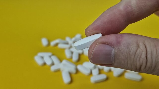 Extreme macro 4K close-up of a single white, oblong pill held delicately between a person's fingers against a bright yellow surface, with more pills blurred in the background.