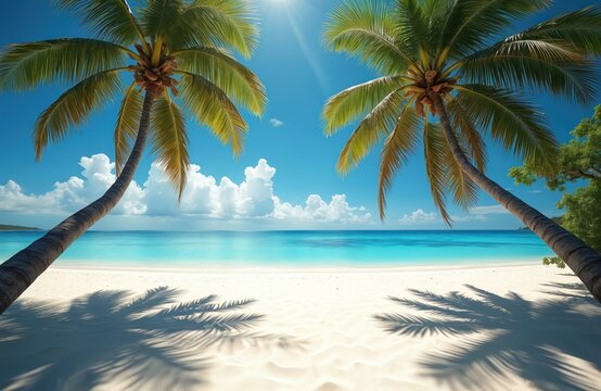 Tropical beach scene with white sand and calm turquoise ocean water. Two palm trees stand on sandy shore with green leaves and coconuts under sunny blue sky with fluffy clouds.