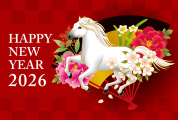 白馬と牡丹と桜と水仙と南天と扇の年賀状