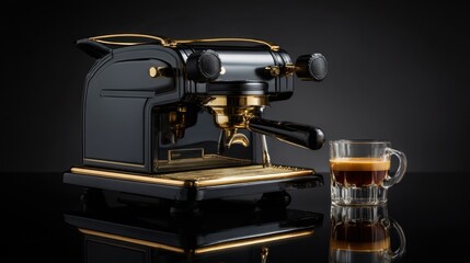 Elegant Black and Gold Espresso Machine with Warm Coffee Cup on Reflective Surface Against Dark Background