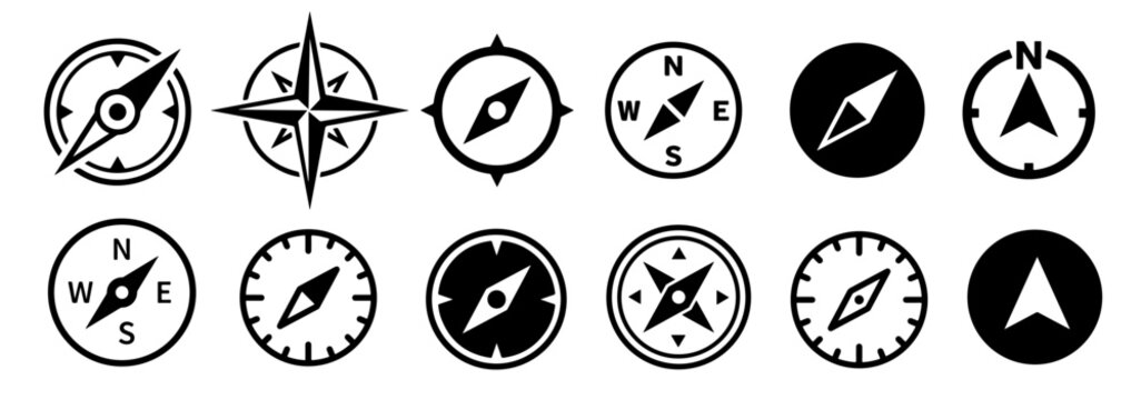 Vector compass icons. NoNavigation symbolrth south west and east , Black and white symbols ,Vector illustration,Vintage marine wind rose, nautical chart,Geographical position, cartography.