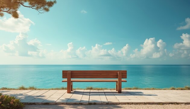 Empty wooden bench on seaside promenade with calm ocean view. Peaceful place for solitude relaxation, quiet meditation. Serene summer seascape with tranquil turquoise water blue sky, white clouds.