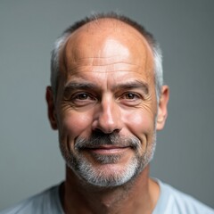 Fototapeta premium Smiling mature man with balding head, grey side hair, beard looks directly at camera. Male close-up portrait represents hair loss, effective transplant, regrowth solutions. Image concepts include