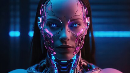 Futuristic cyborg woman with glowing neon implants and blue eyes staring ahead