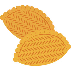 Two golden brown baked pastries with decorative zigzag patterns and scalloped edges isolated on a transparent white background