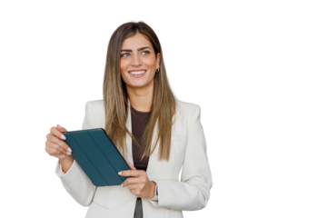 Confident businesswoman smiling, holding tablet, representing success, technology, and professionalism