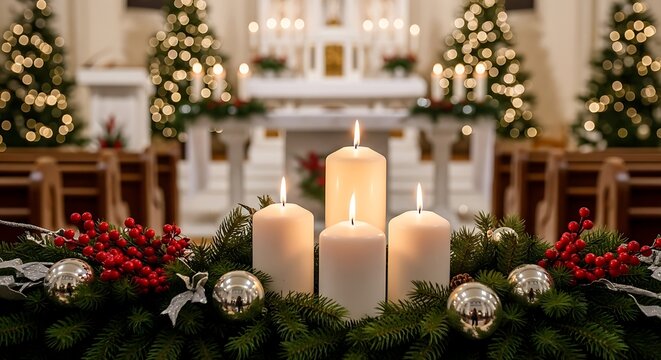 Photo of four lit white candles on a festive christmas garland with red berries and ornaments, set in a church with decorated trees and altar in the background - Powered by Adobe