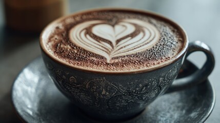 A Close-Up of a Beautifully Crafted Latte with Heart-Shaped Foam Art in an Elegant Ceramic Cup on a Wooden Table Setting