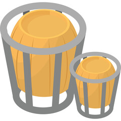 Two golden wooden barrels one large and one small enclosed in silver metal cages with a transparent background in isometric view