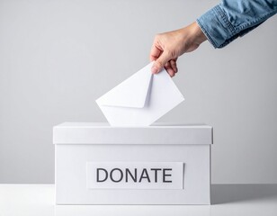 Hand placing an envelope into a white donation box, symbolizing charity, generosity, and helping others in need.