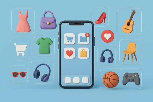 Smartphone centered with floating shopping application icons representing consumer e-commerce activity and digital purchases