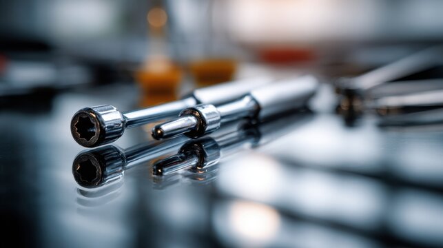 Close-Up of Chrome-Plated Socket Wrench Tools on a Reflective Surface with Blurred Background for Automotive and Repair Industry Imagery