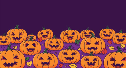 A festive Halloween background featuring a collection of carved jack-o'-lanterns with spooky and funny faces on a purple backdrop, perfect for seasonal designs